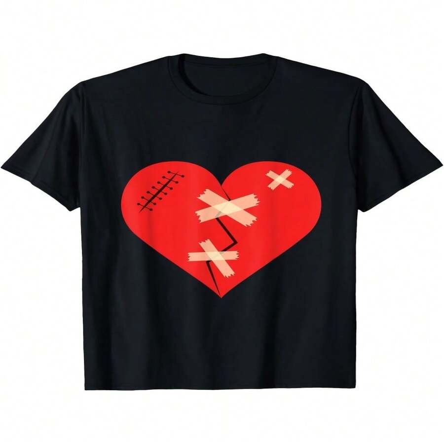 Camiseta de Hombre 220g 100% | Camiseta Casual Negra de Manga Corta con Gráfico de Corazón Roto Rojo, Corte Regular, Cuello Redondo, Tejido Ligeramente Elástico, Perfecta para Uso Diario y Casual - Negro - Ver 1