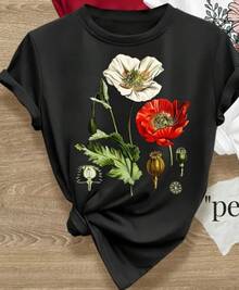 Women's Short-Sleeved T-Shirt With A Round Neck And Floral Print - Casual Blouse For Spring And Summer Outfits, Comfortable And Machine Washable Casual Wear, Versatile Pieces To Mix And Match. Loose-Fitting, Casual, And Versatile T-Shirt. One Piece Only, Not A 3-Piece Set. - 黑色 - 查看 2