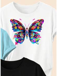 Women's Spring/Summer Set With Vibrant Butterfly Floral Print, Round Neck, Short Sleeves, Retro Style, One-Piece T-Shirt (Not A 3-Piece Set). Elegant And Sweet Blouses For Parties And Everyday Wear, Versatile Blouses For Women In Sizes S-XXXL, Perfect For Valentine's Day And Easter. Loose-Fitting, Casual, And Versatile T-Shirt. - 白色 - 查看 2