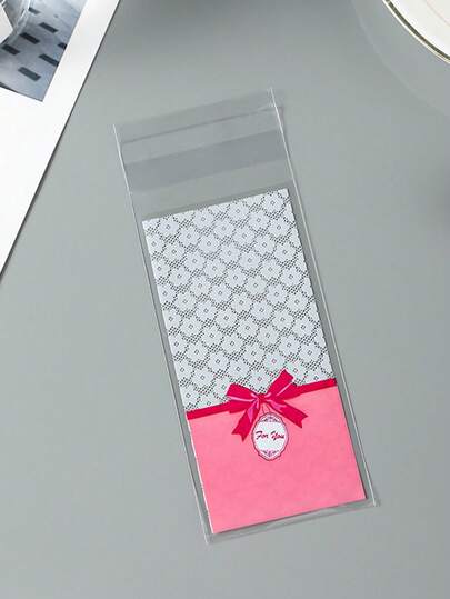 100pcs Transparent Rectangular OPP Self-Sealing Bags - White Lace Floral & Pink Bow Pattern, Suitable For Candy, Cookies, Party Favors And Gift Packaging
