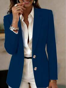Jaket Wanita Lengan Panjang dengan Kerah dan Kancing, Blazer Ringan Bahan Rajut Panjang Standar, Menciptakan Gaya Akademik yang Elegan dan Modis - Navy Blue - View 4