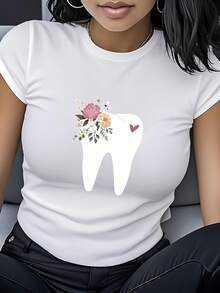 Camiseta con estampado floral y de dientes, de manga corta y cuello redondo, ropa de mujer, estilo casual moderno y versátil, adecuada para el día a día, citas y reuniones, camiseta de algodón puro con estampado para mujer. - Blanco - Ver 1