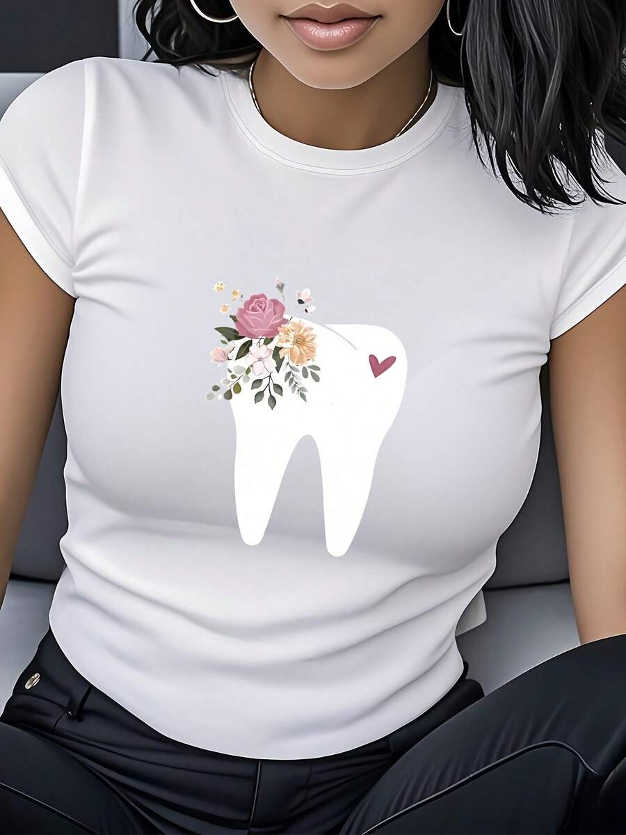 Camiseta con estampado floral y de dientes, de manga corta y cuello redondo, ropa de mujer, estilo casual moderno y versátil, adecuada para el día a día, citas y reuniones, camiseta de algodón puro con estampado para mujer. - Blanco - Ver 1
