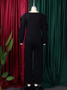 Conjunto de dos piezas elegante europeo y americano de invierno, con volantes, cordón ajustable, manga larga y corte ceñido a la cintura - Negro - Ver 2