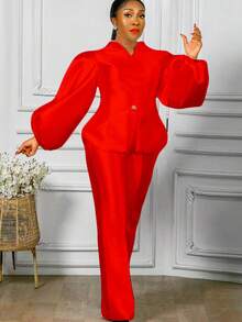 Two-Piece Set: Plain Color Puff Sleeve Top And Wide Leg Pants - Red - View 1