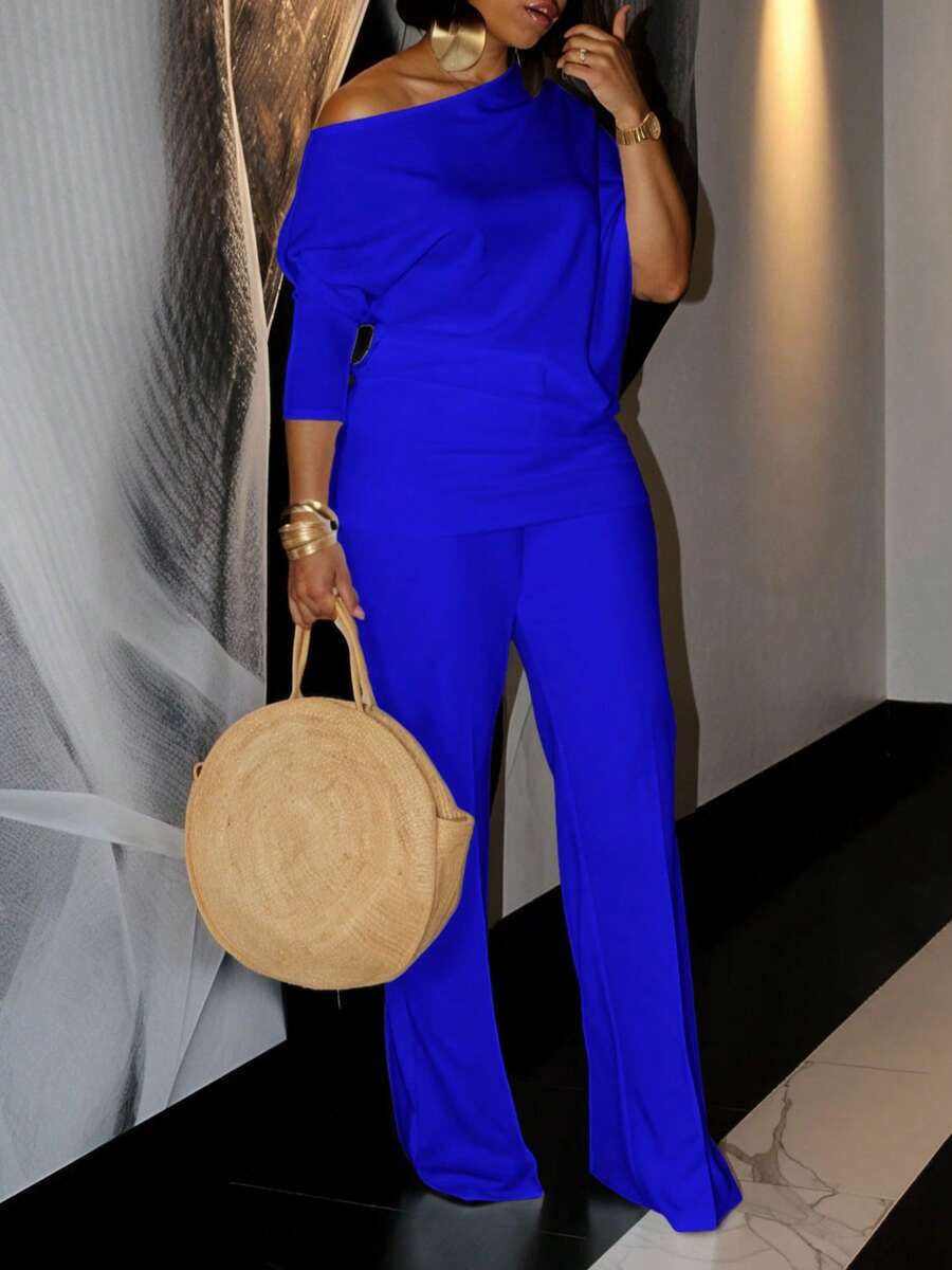 Conjunto otoñal para mujer de color liso con top de cuello oblicuo y pantalones de pierna ancha - Azul - View 1