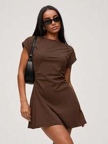 Vestido corto casual de punto de unicolor con cuello redondo, manga corta y cordón lateral para mujer - Marrón - Ver 8