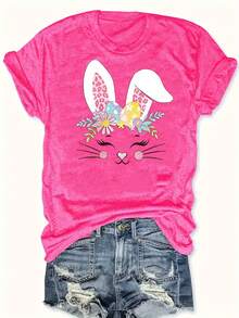 Plus Size Women's T-Shirt With Rabbit And Easter Egg Print - Five Panel Back With Rabbit Design, Round Neck, Casual Outfit For Easter And Spring, Casual Spring Festival Wear (Machine Washable) - Hot Pink - View 6