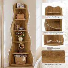 LITTLE TREE 175cm Modern Wavy Corner Bookshelf, 6-Tier Tall Corner Display Bookcase Storage Shelf For Living Room - Light Brown - View 5