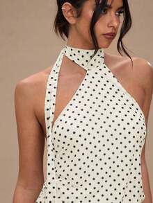 Vestido mini de mujer con estampado de lunares, estilo vacacional, de escote de halter - Blanco - Ver 5