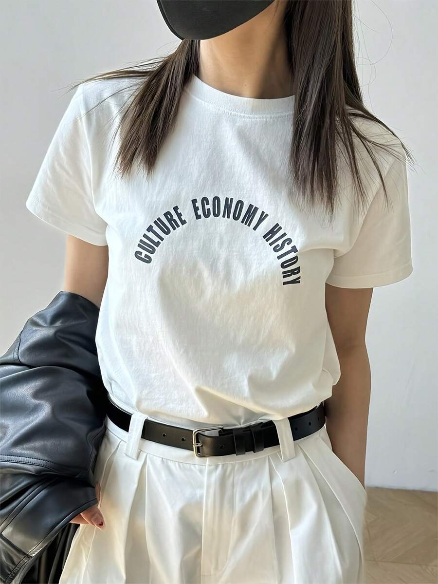 Classic Unisex Casual T-Shirt - Loose Fit, Short Sleeve, Round Neck, Letter Print, Simple White Design, Suitable For Spring, Autumn And Summer, Comfortable For Daily Wear, Seasonal Fashion, Printed T-Shirt, Loose Summer T-Shirt. - 白色 - 查看 1