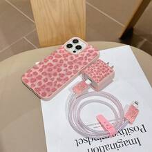 六合一粉色豹纹手机壳套装 - 包括手机壳、充电头保护套、数据线保护套、收纳绳、数据线绕线绳，TPU防震保护壳，兼容 6/7/8/X/XS/XR/11/12/13/14/15/16/17 Pro Max，适合作为生日或圣诞礼物送给女友、女儿或情侣。 - 彩色 - 查看 2