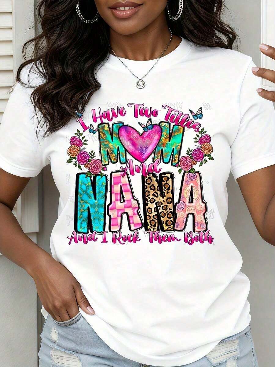 1 pieza Camiseta de Mujer con Estampado Floral y de Leopardo, Diseño de Texto "Tengo Dos Títulos: Mamá y Abuela, y las Lleneto de Estilo", Regalo para Mamá y Abuela, 180g, 100% Algodón - Blanco - Ver 1
