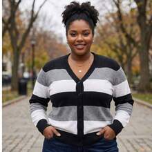 Women's Plus Size Long-Sleeved Cardigan With A V-Neck, Made Of A Wool Blend, Featuring An Asymmetrical Hem, Warm And Stretchy, With A Striped Print. - 黑與白 - 查看 1