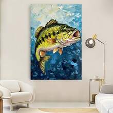 Enmarcado  decorativo 2D, 1 unidad, , 30 x 40 cm, arte imprimible de lubina de boca grande, póster de regalo para pescadores, decoración de cabaña con peces, pintura rústica de vida silvestre con revestimiento grueso para el hogar, dormitorio, cocina, sala de estar, baño, hotel, cafetería, oficina, aseo, lienzo artístico para pared - Enmarcado - Ver 1