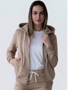 女款法式毛圈布連帽拉鍊運動衫，羅紋袖口與下擺收邊，尺寸 XS–10XL，適合春、夏、秋季穿著 - 駝色 - 查看 1