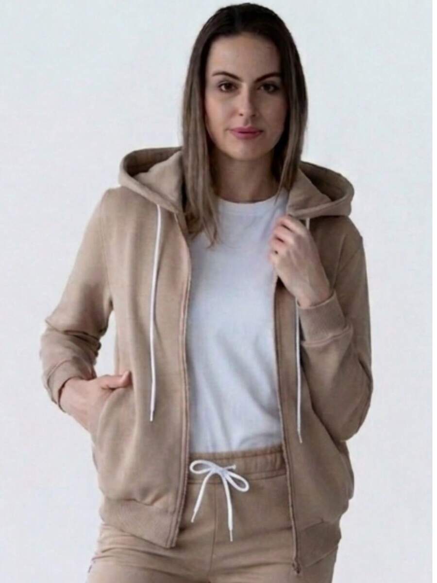 女款法式毛圈布連帽拉鍊運動衫,羅紋袖口與下擺收邊,尺寸 XS–10XL,適合春、夏、秋季穿著 - 駝色 - 查看 1
