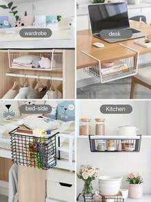 No Drill Hanging Storage Basket, Heavy Duty Metal Shelf Rack, Multi-Function Slide-In Basket Suitable For Kitchen, Bathroom, Wardrobe And Dorm, White/Black - Multicolor - View 4