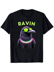 Camiseta de rave para hombre con estampado de pájaro neón y texto RAVIN - Camiseta elástica para festivales con gráfico de grafiti, corte holgado y cómodo para todas las estaciones, ideal para conciertos, fiestas y ropa urbana - Estampado duradero, cuello redondo, ropa casual. - Negro - Ver 1