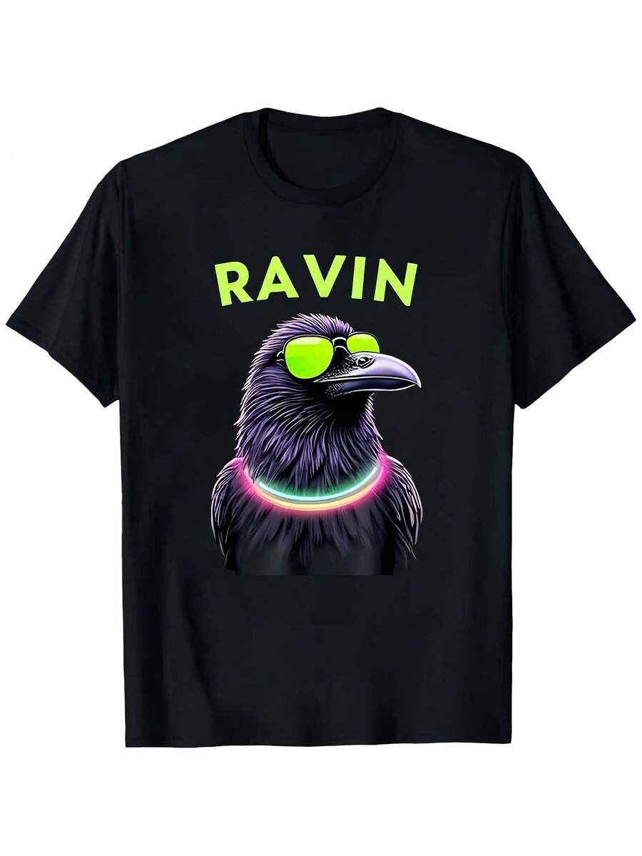 Camiseta de rave para hombre con estampado de pájaro neón y texto RAVIN - Camiseta elástica para festivales con gráfico de grafiti, corte holgado y cómodo para todas las estaciones, ideal para conciertos, fiestas y ropa urbana - Estampado duradero, cuello redondo, ropa casual. - Negro - Ver 1