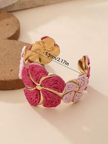 1pc Raffia Flower Open Bangle Bracelet, Contrasting Metal Flower Holder, Niche Accessory, Suitable For Beach Vacation, Summer Party, Gathering With Friends, Daily Wear, Vacation Style / Energetic Style / Retro Style - Plum Red - View 5