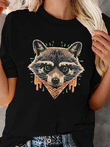 VivaGlam-Racoon Ice Cream Print T-shirt, Casual Crew Neck Short Sleeve Top For Spring & Summer, Women's Clothing - Negro - Ver 6