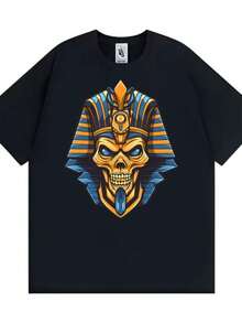 playeras de mujer Curse of The King Egyptian Pharaoh Skull Print Tee Shirt Men Women Vintage Fashion Humor Oversized T-shirts Short Sleeve T-shirt - Negro - Ver 1