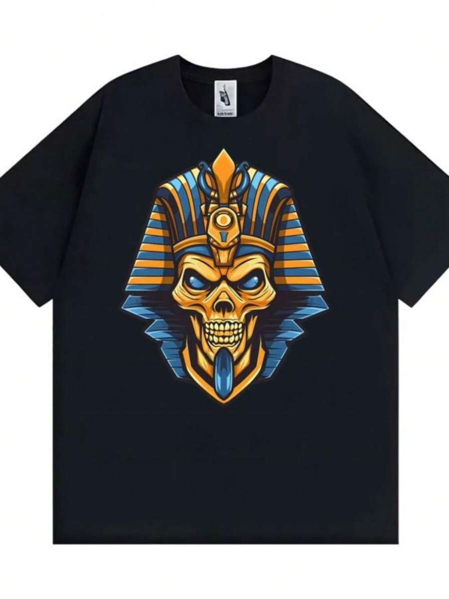 playeras de mujer Curse of The King Egyptian Pharaoh Skull Print Tee Shirt Men Women Vintage Fashion Humor Oversized T-shirts Short Sleeve T-shirt - Negro - Ver 1