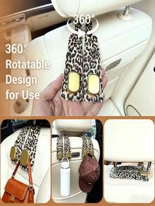 Car Seat Headrest Hooks, Hidden Dual Hooks, Faux Leather And Zinc Alloy Material, Heavy Duty ABS Hooks, Suitable For Car Back Seat Storage, Handbags, Shopping Bags And Wallets - Leopard Print - View 5