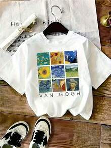 Camiseta de mujer, estilo artístico, estampado a cuadros de Van Gogh, tela suave, corte holgado, cuello redondo, mangas cortas, adecuada para primavera, verano y otoño, ropa casual, se puede combinar con otras prendas. - Blanco - Ver 1