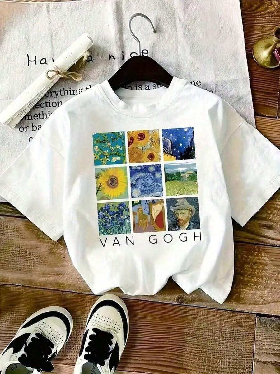 Camiseta de mujer, estilo artístico, estampado a cuadros de Van Gogh, tela suave, corte holgado, cuello redondo, mangas cortas, adecuada para primavera, verano y otoño, ropa casual, se puede combinar con otras prendas. - Blanco - Ver 1