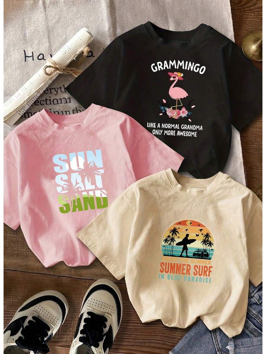 Conjunto de camiseta casual de manga corta para mujer, de una pieza, con diseño de cuello redondo, adecuado para uso en la playa. - Negro - Ver 1