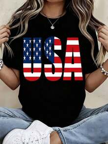 Casual Haado-Cut Blouse With Round Neck And Short Sleeves Featuring A Patriotic US Flag Print, Perfect For Celebrating Independence Day And Everyday Wear. - 黑色 - 查看 1