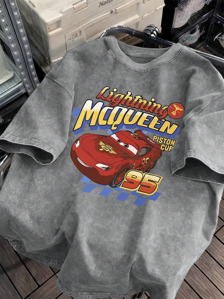 Disney Summer Retro Washed Cotton Crew Neck Short-Sleeve T-Shirt For Men And Women. Featuring Lightning McQueen, A Main Character From Disney And Cars. A Retro-Style, Distressed, Pure Cotton Short-Sleeve T-Shirt With A Disney Element Street Style. A Popular Style For Retro Fashion Lovers In Spring/Summer 2026. - Xám - Xem 1