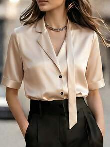 Women's Asymmetric Collar Glossy Pique Knit Elegant Blouse, Suitable For Daily Wear, Commuting, Office, And Dates, Spring/Summer - Apricot - View 1