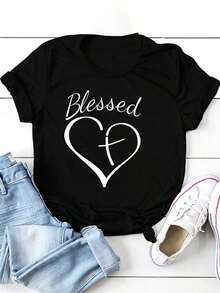 ropa de mujer Conjuntos de vacaciones tropicales para mujer, camiseta de manga corta con cuello redondo y diseño de corazón sagrado y cruz, adecuada como regalo para el Día de San Valentín. 100% Cotton  Outfits  camisas de mujer - Negro - Ver 3