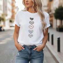 Gift: Women's Short-Sleeved Cotton T-Shirt, Round Neck, Basic Top With Heart Print, Casual Loose Fit, Sizes S-5XL Available, Soft And Comfortable For Everyday Wear, Basic Black T-Shirt For Summer And Spring, Simple Design Blouse, Versatile For Casual Daily Wear. Soft - 白色的 - 查看 6