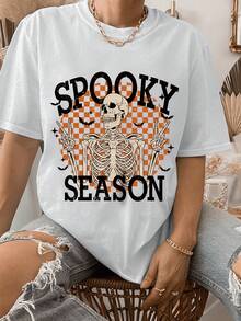 Women's Halloween Graphic T-Shirt - Skeleton And Bats Design "Season Of Terror", Casual White Short Sleeve Crew Neck T-Shirt, Perfect For Autumn Festivities, Y2K Halloween T-Shirts - 黑色 - 查看 1
