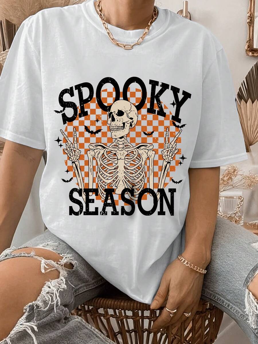 Women's Halloween Graphic T-Shirt - Skeleton And Bats Design "Season Of Terror", Casual White Short Sleeve Crew Neck T-Shirt, Perfect For Autumn Festivities, Y2K Halloween T-Shirts - 黑色 - 查看 1