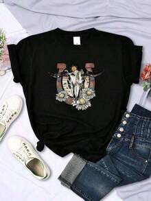 Camisetas de verano Mujer cráneo de vaca floral crisantemo imagen animada estampada Camiseta - Negro - Ver 1