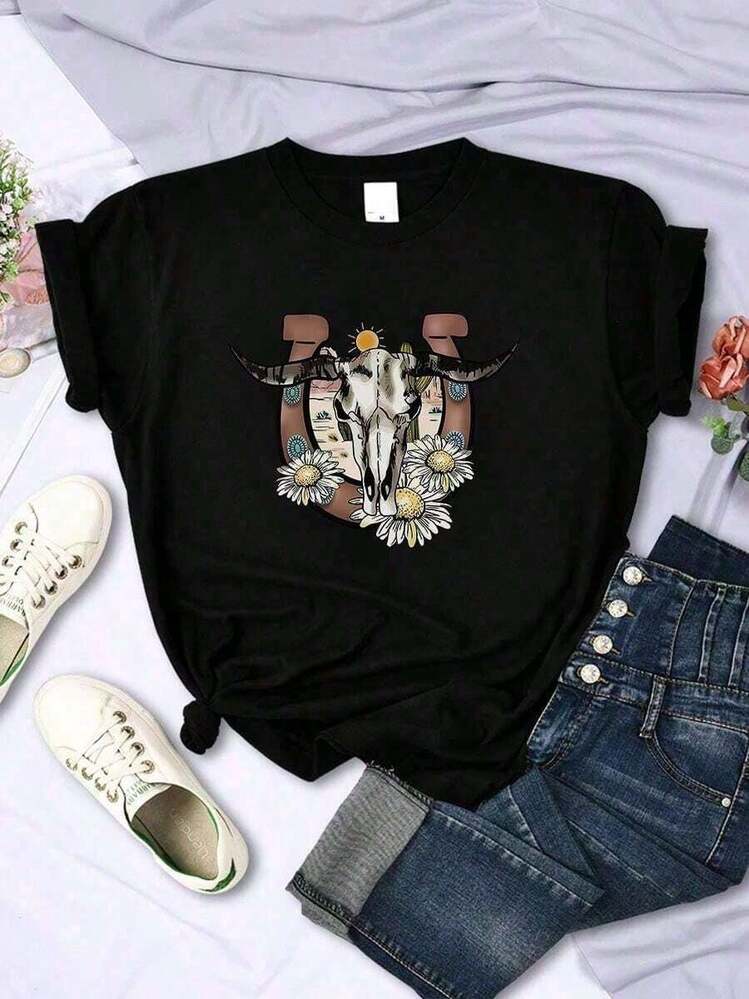 Camisetas de verano Mujer cráneo de vaca floral crisantemo imagen animada estampada Camiseta - Negro - Añade 1