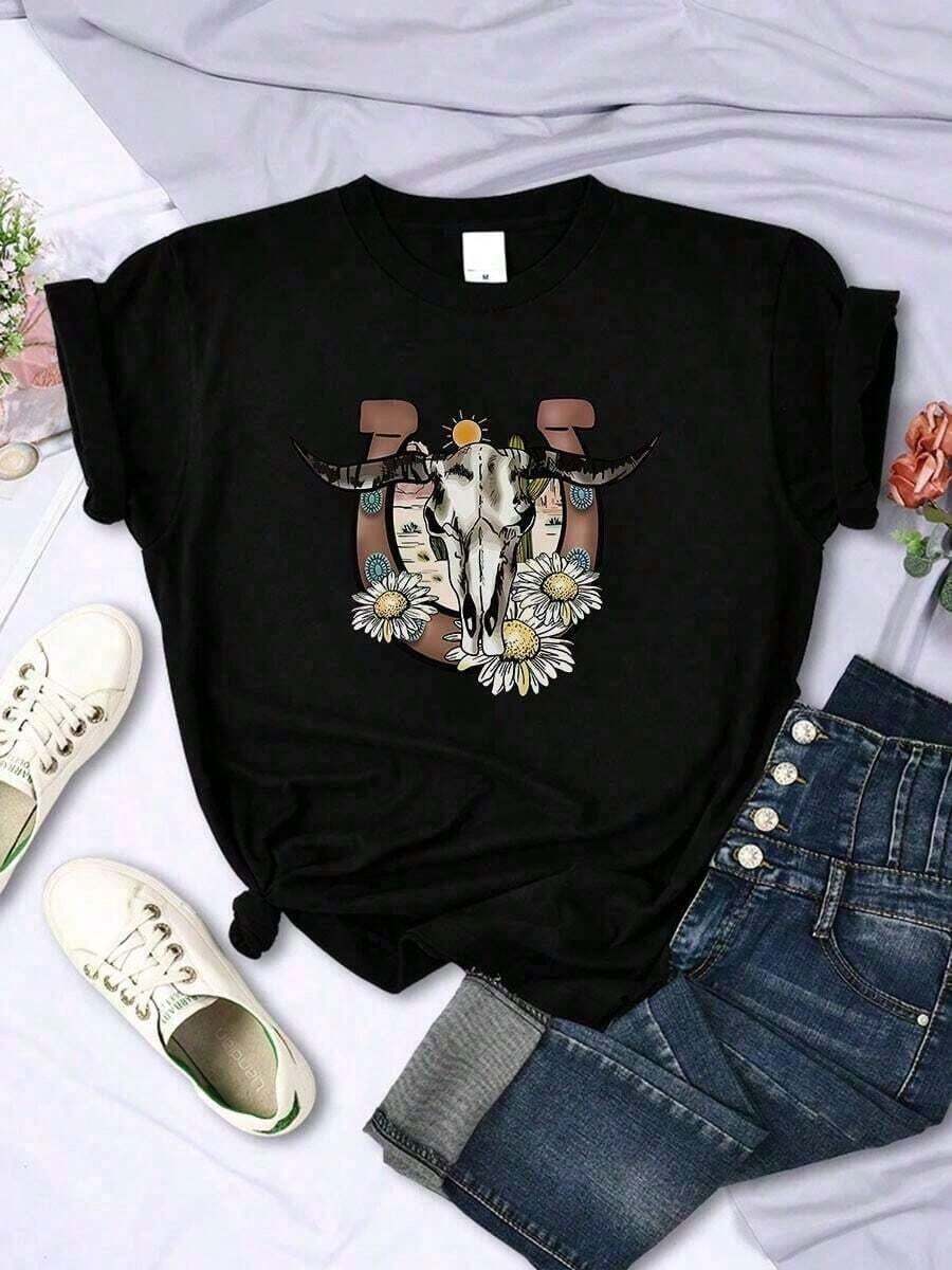 Camisetas de verano Mujer cráneo de vaca floral crisantemo imagen animada estampada Camiseta - Negro - Ver 1