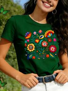 Soft 100% Cotton T-Shirt, With Mexican Style Floral Print And Lettering, Short Sleeves And Round Neck, Casual Women's Clothing, Breathable Cotton T-Shirt, Versatile And Modern. - 綠色 - 查看 1