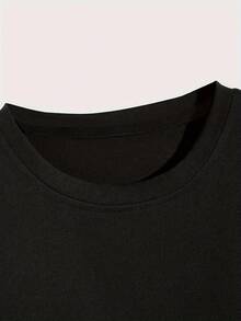 Camiseta suave 100% algodón, con estampado de moda y personalidad, estilo casual, manga corta, cuello redondo, ligeramente elástica, top deportivo, ropa activa para mujer, camiseta de algodón transpirable, combina con todo, genial. - Negro - Ver 3