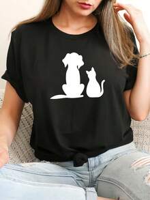 Camiseta deportiva casual para mujer con estampado de perro y gato, cuello redondo, manga corta, tejido de punto de poliéster para primavera/verano. - Negro - Ver 6