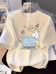 Women's Vintage Urban Style T-Shirt, Korean Kawaii Anime Style - Rabbit Design And Korean Print, With Hearts And Stars, Soft Round Neck, Short Sleeve, Breathable And Comfortable Fit, Machine Washable, Casual Wear, K-Drama Style For Spring And Autumn, 100% Breathable Cotton. - 白色 - 查看 8