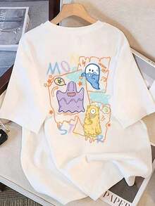 Under The RadarSe , camiseta de manga corta para mujer de algodón puro con diseño de monstruo lindo y estilo casual, de algodón pesado, cómoda y transpirable. Diseño único pintado a mano al estilo americano que no choca con otros, con un corte holgado y de hombros caídos que disimula y estiliza la figura. Adecuado para que lo usen parejas y mejores amigos juntos. Perfecto para fotos de influencers, festivales de música y atuendos de estilo callejero para el día a día. ,Camiseta de manga corta para mujer con estampado de dibujos animados, top de verano holgado, nuevo estilo para Vintage Street Style Unisex Loose Cotton Short Sleeve Crew Neck T-Shirt - Blanco - Ver 7