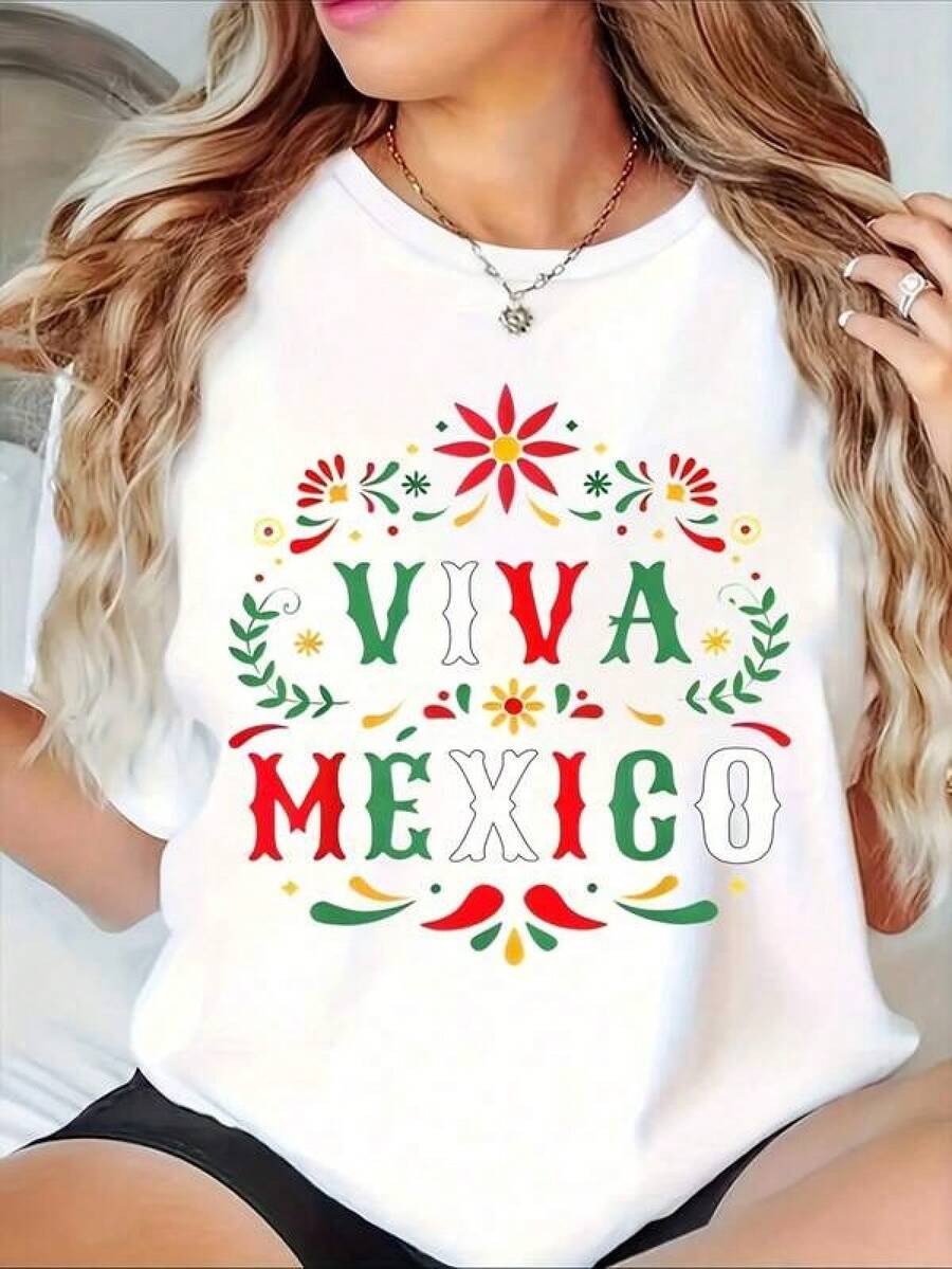 VivaMexico Women's T-Shirt With Mexican Culture Print - Vibrant Design For Cinco De Mayo And Independence Day, Featuring Sunflowers, A Sombrero, And Cacti - Soft And Breathable, 220 G/M², Crew Neck, Short Sleeves - Fitted - Machine Washable, Ideal For Casual Parties. - 黑色 - 查看 1
