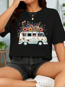 Camiseta vintage de manga corta para mujer - Floral Bus, con un diseño bohemio de una furgoneta camper sin frases, cuello redondo elástico, estilo casual, adecuada para primavera, verano y otoño, lavable a máquina, material transpirable, no transparente, corte holgado, estampado divertido, textura suave, imprescindible para las amantes de la moda. - Negro - Ver 1