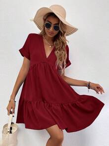 LUNE Vestido con puños enrollados, dobladillo con volantes y unicolor borgoña para outfit de mujer - Burdeos - Ver 4